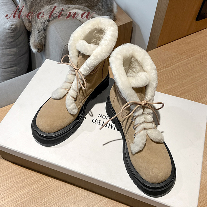 

Snow Boots Woman Genuine Leather Ankle Platform High Heel Short Lace Up Thick Female Shoes Winter 34-42 210517, Khaki