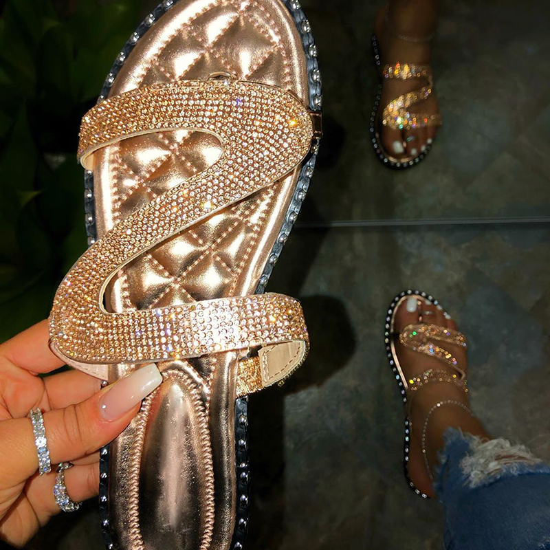 

2021 summer fashion new style Roman rhinestone rivets rhombus flat bottom outdoor womens slippers Plus size beach slippers, Silver