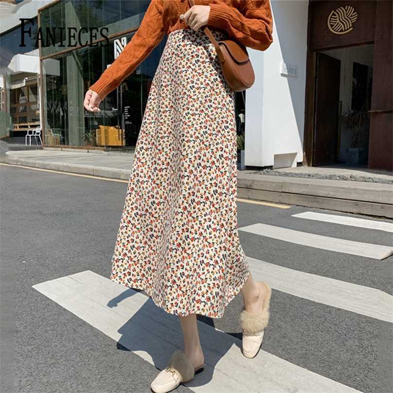 

FANIECES Autumn Corduroy A-Line Midi Skirt Women Floral Print Boho Winter High Waist Mid-calf Skirts Jupe Faldas Vintage 211109, Pink