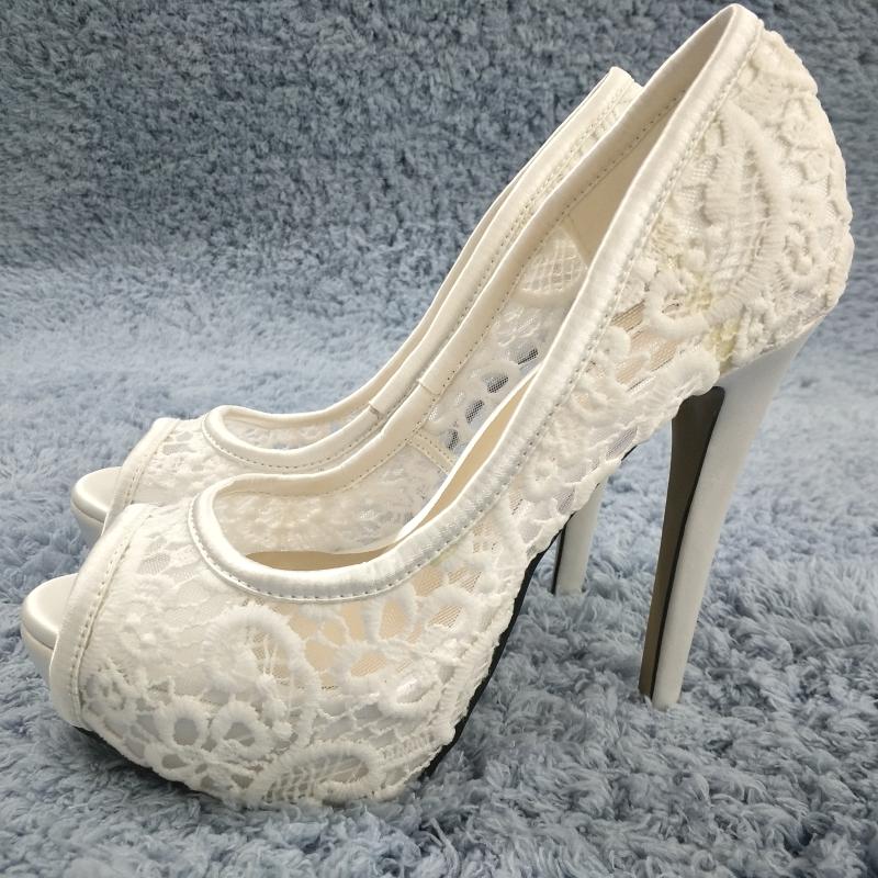 

Dress Shoes Women Stiletto Thin High Heel Pumps Sexy Peep Toe Platform Ivory Satin Lace Bridals Wedding Party Ball Lady 3463B-h