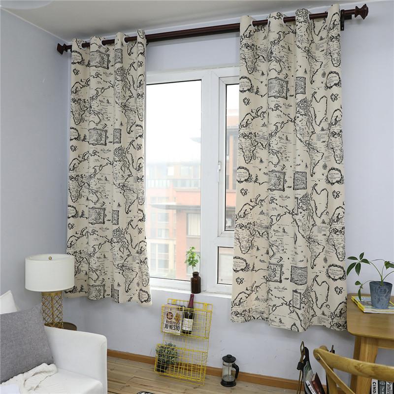 

Black Map Print Curtain Cotton LinenLiving Room Window Treatments Home Bedroom Curtains Drapes Semi-shading Exterior Decoration