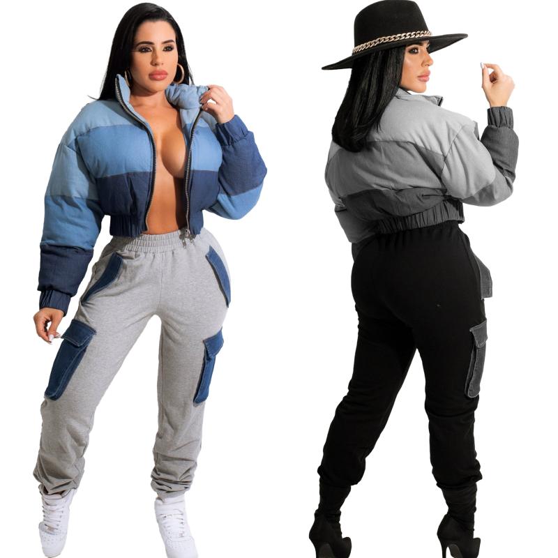 

Women's Jackets Women Patchwork Parka Puffer Coat Outwear Gradient Color Parkas Jacket Winter Warm Loose Zipper Striped Denim Crop Top Fall, Black;brown