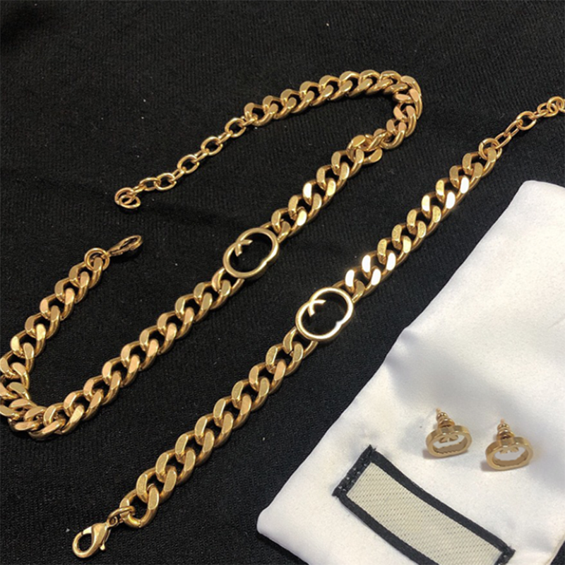 

Gold Bracelet And Necklace Set Womens Luxury Designer Jewelry Chain Simple Designers Bracelet Necklace Letter Chains Mens Gift D2109272HL