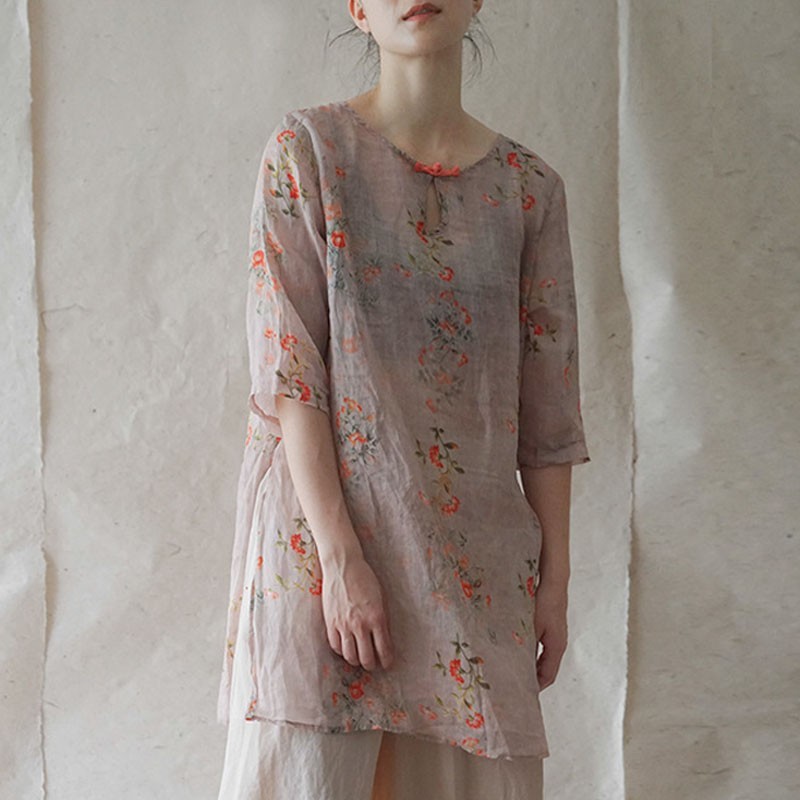 

Johnature Summer Retro Plate Buckle Print O-neck Three Quarter Sleeve Shirt Simple Comfortable All-match Women Tops 210521, Pink