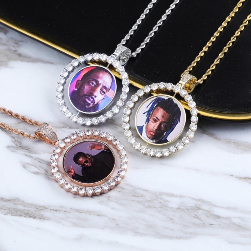 

Pendant Necklaces 2021 Custom Made Po Rotating Double-sided Medallions Necklace With 4mm Rope Chain Zircon Men's Hip-hop Jewelry Gift