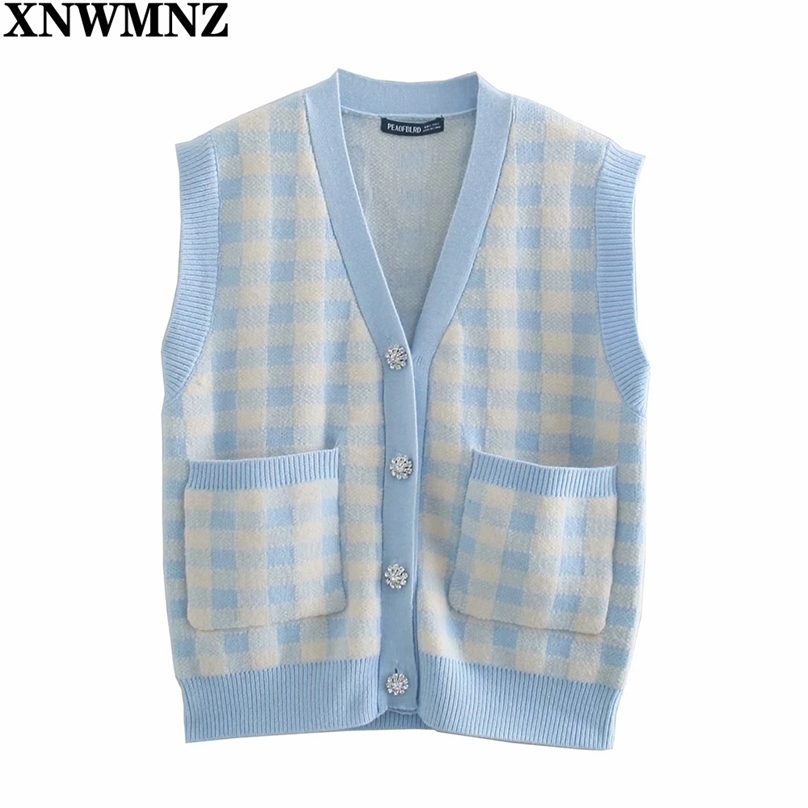 

Women y2k Fashion Oversized Check Knitted Vest Sweater Vintage V Neck Button Female Waistcoat Chic Tops 210520, Sky blue