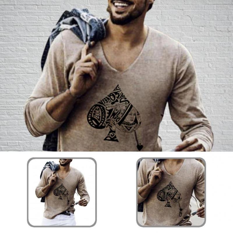 

Men's Casual Shirts Sweatshirt Simple Poker Card Print Male Top Pullover Long Sleeve For Spring, Khaki