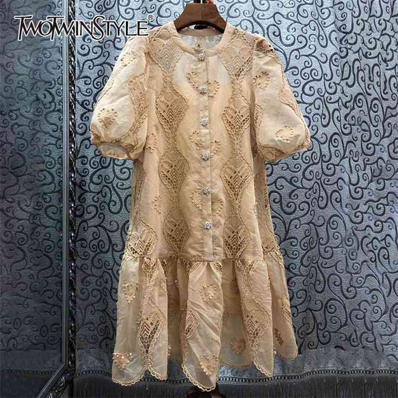 

Elegant Hollow Out Dresses Female O Neck Lantern Short Sleeve High Waist Ruffle Mini Summer Dress Women Fashion 210520, White