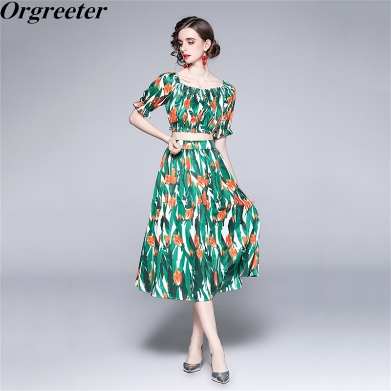 

Summer Tulip Print Green Two Piece Skirts Set Women's Short Sleeve Off shoulder Cropped Tops and Maxi Suits 210602