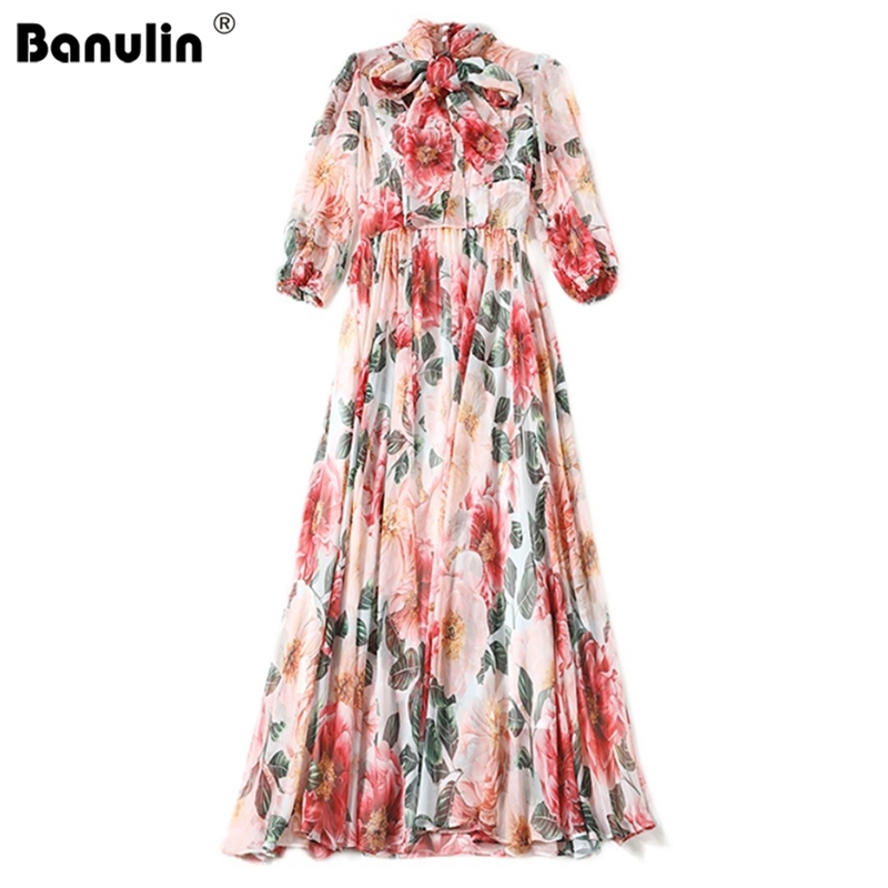 

Fashion Designer Runway Summer Party Dress Women' Puff Sleeve Bow Belt Floral-Print Bohemia Elegant Chiffon Dresses 210603, Pink