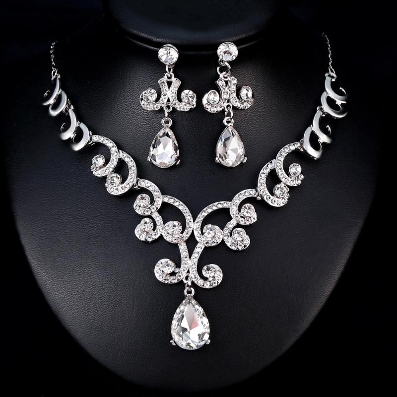 

Earrings & Necklace Crystal Bridal Jewelry Sets Women Fashion Rhinestone Choker African Wedding For Accessories, As pic