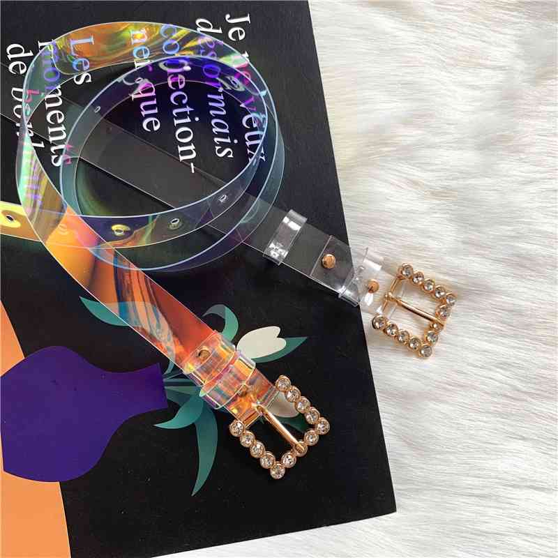 

Designer belts 2023 Transparent laser belt for women simple and versatile thin colorful square buckle diamond PVC resin women factory outlet