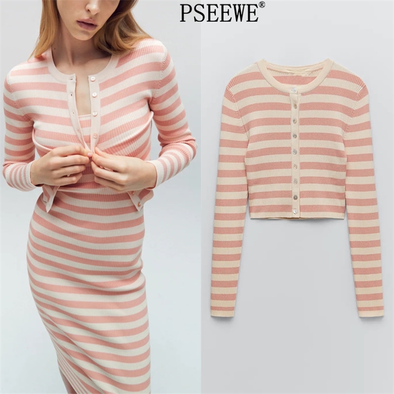 

Striped Cropped Knitted Cardigan Women Spring Jackets Fashion Long Sleeve Top Woman Casual Button-Down 210519