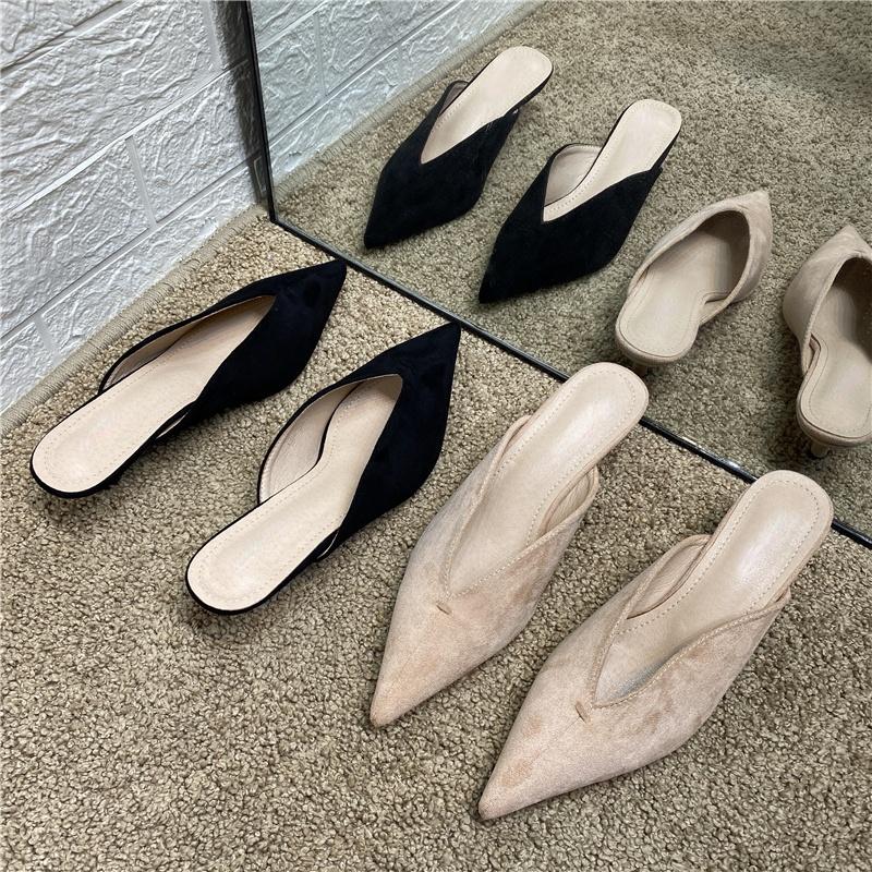 

Slippers Pointed Toe Women's High Heel 2021 Spring Closed Sexy Stiletto Suede Simple, Apricot(5cm)