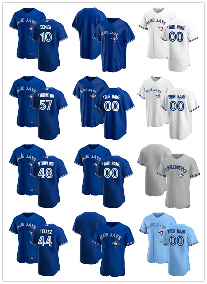 

Custom Jersey Mens women Youth Toronto Blue Jays 10 Marcus Semien 48 Ross Stripling 44 Rowdy Tellez 57 Trent Thornton Baseba, Blue;black