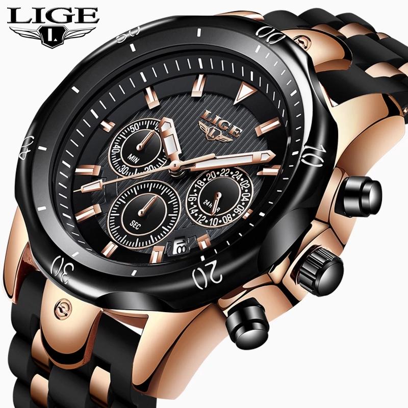 

Wristwatches LIGE 9972S Men's Chronograph Fashion Business Sports Waterproof Quartz Stainless Steel Male Watch, Gold
