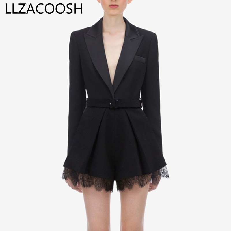 

High quality 2021 Runway Spring Women Fashion Elegant OL Office Workwear short Jumpsuits Long Sleeve Wide Leg Romper With Belt, Black