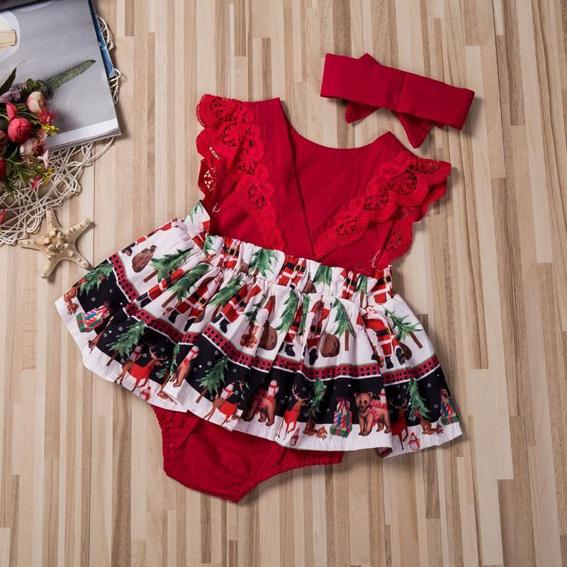 

Girl's Dresses 2Pcs Xmas Infant Kids Baby Girls Romper Dress Headband Christmas Party Outfit, Red