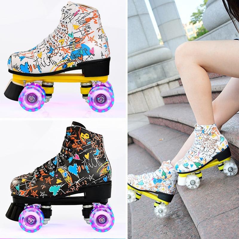 

Inline & Roller Skates Artificial Leather Printing Double Row Shoes 4 Wheels White Black Flash Woman Man Patines Outdoor Sneakers, White wheel
