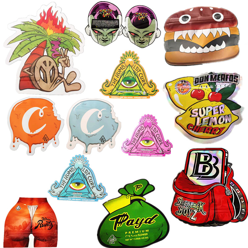 

2022 latest shaped mylar bag irregular jokes up alien white runtz backpack boyz trufflez 41 C hamburger cloud payd butt custom printed