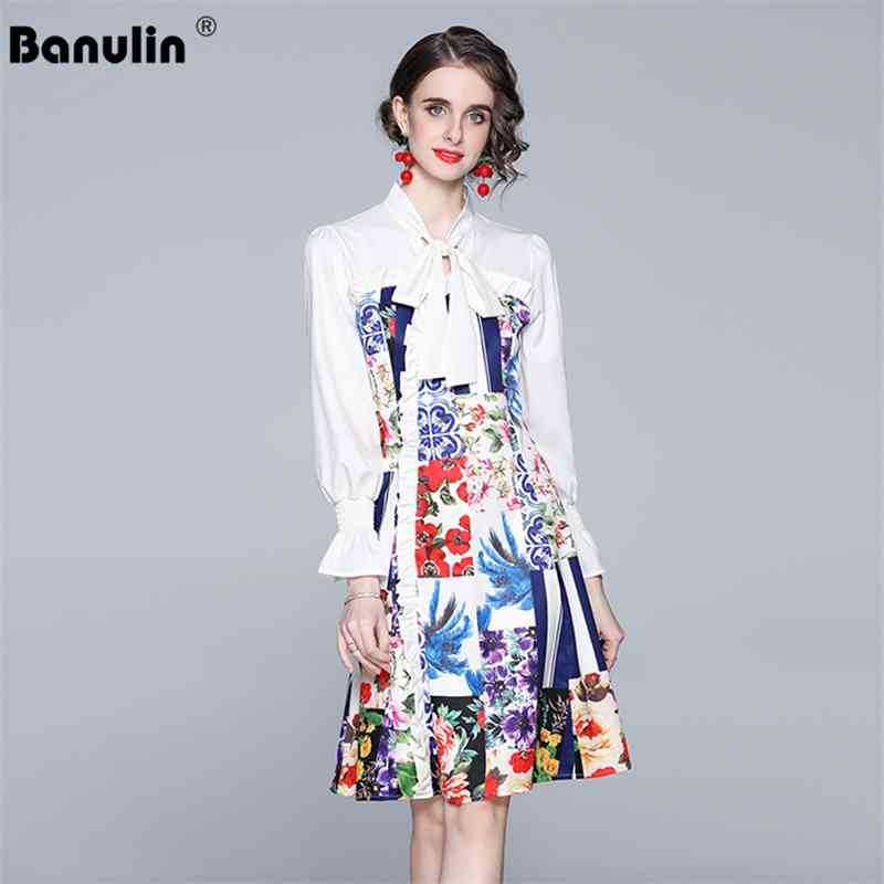 

Banulin Spring Women Fashion Designer Sweet Short Dress Bow Collar Flare Sleeve Ruched Ruffles Splicing Floral Print 210603, White