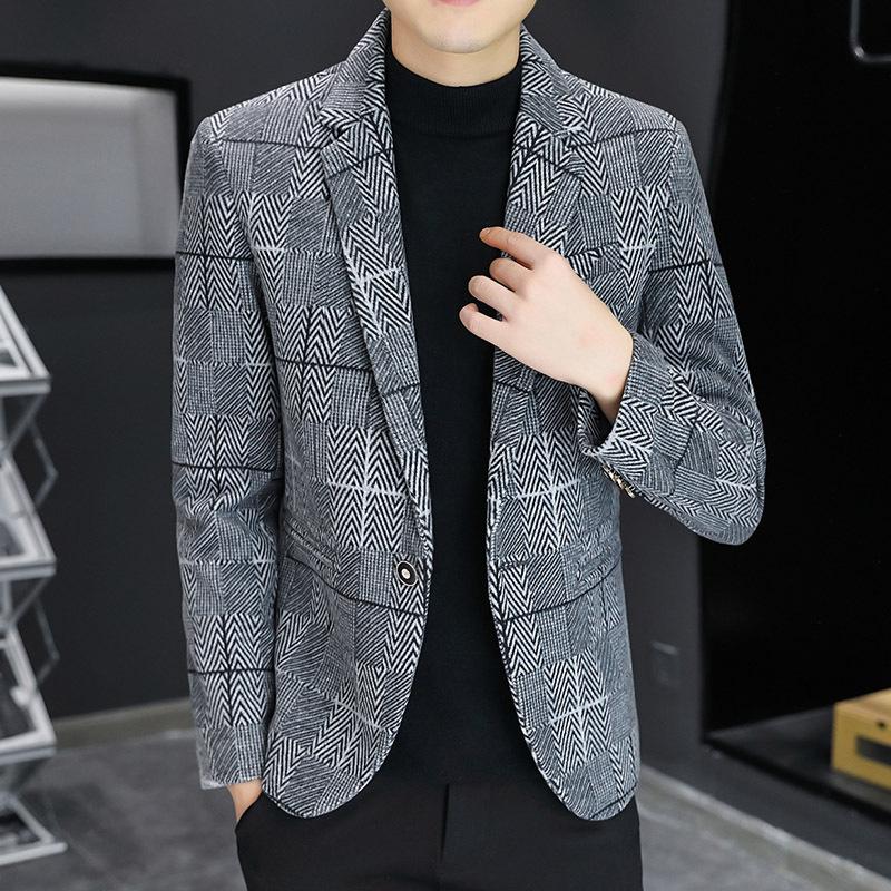 

Men's Suits & Blazers 2021 Autumn Herringbone Plaid Leisure Blazer Youth Trendy Slim Gray Handsome, Black and gray