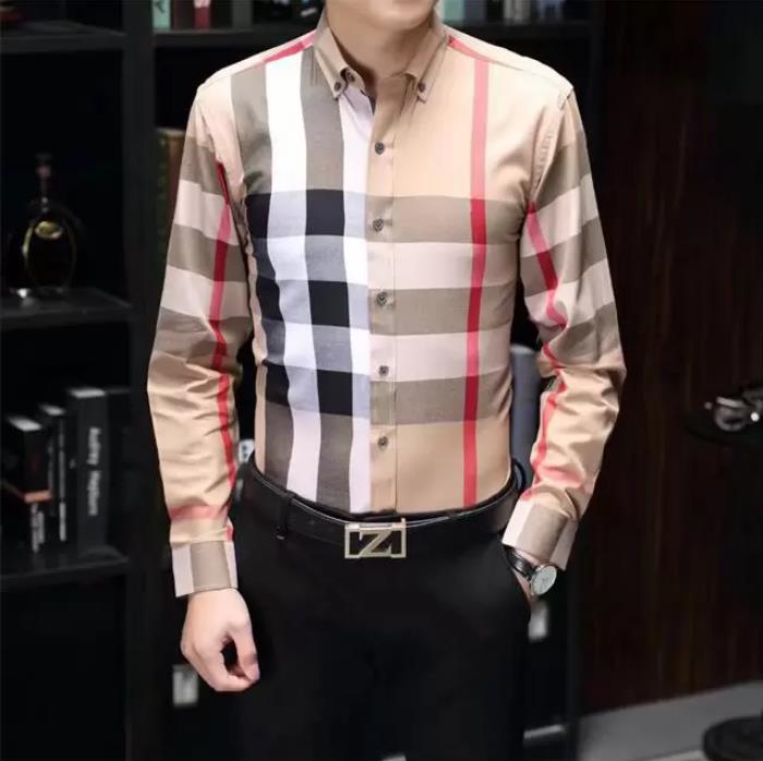 

Burberry designer Mens Dress Shirt casual Slim Silk T-shirt Long sleeve Casual business clothing plaid men asian szie, I need look other product