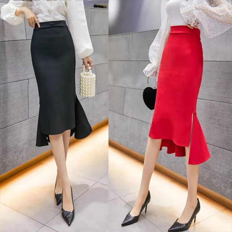 

korean style spring midi women skirt high waisted temperament mermaid solid color red black