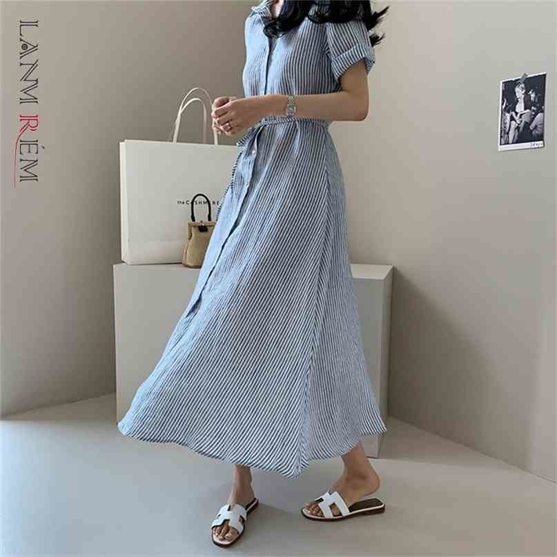 

Casual Midi Dress Striped Loose Korean Lace Up Waist Thin Short Sleeve Cotton Fashion Summer Women's 2P1679 210526, And white stripes