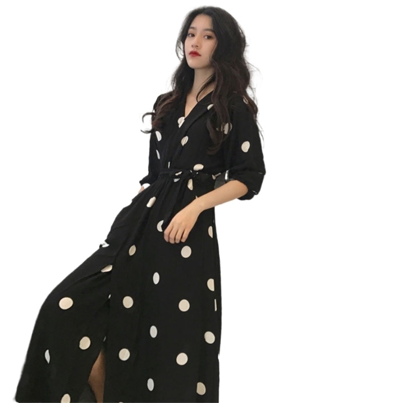 

Fashion dress super fairy holiday long retro v-neck polka dot women summer black 210520