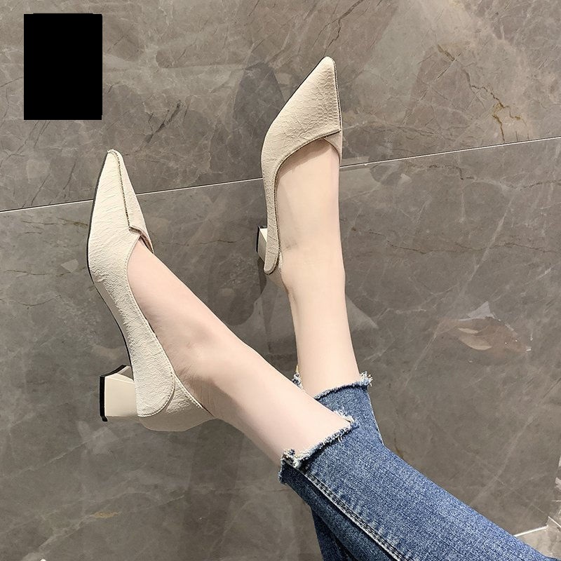 

2022 Women Mid HeelsSpring Work Shoes for Office Lady.Slip onPointed ToeFemale FootwareFrench StyleBlackBeigeDropshipping, Black
