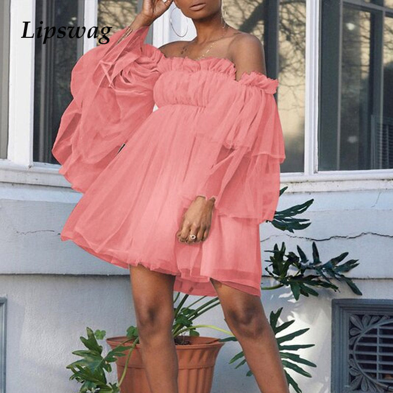 

sheer mesh lace beach dresses elegant femme off shoulder ruffle boho party dress casual women slash neck loose mini dresshigh quality, Black;gray