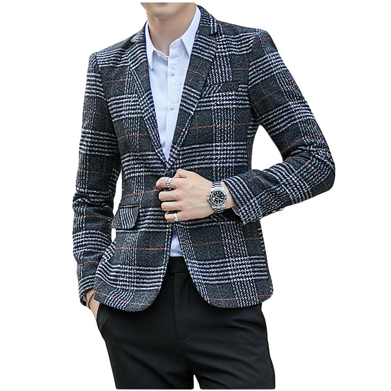 

Wool Vintage Mens Plaid Stylish Groom Blazer Casual Wedding One Button Men Suit Jacket Tweed Hommes Slim Fit Male Coat, Dark gray