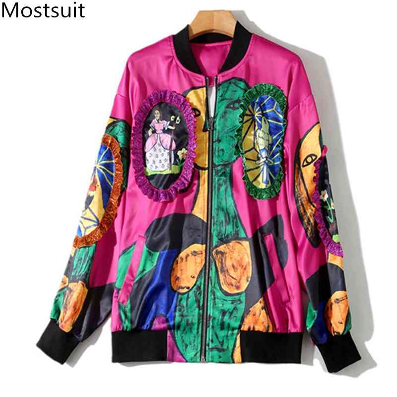 

Fashion Designer Printed Women Baseball Jackets Coats Spring Autumn Long Sleeve Casual Loose Outwear Clothes 210518, Picture color