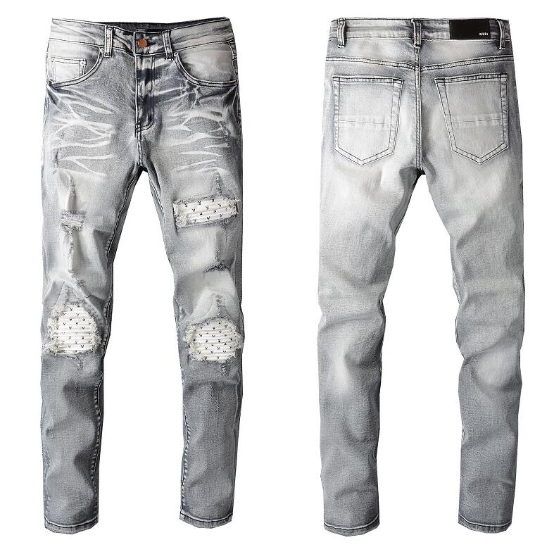 

22SS European American street Casual fashion brand Men's Jeans Ripped Slim Fit Motorcycle jeans Men high quality jean, Gray