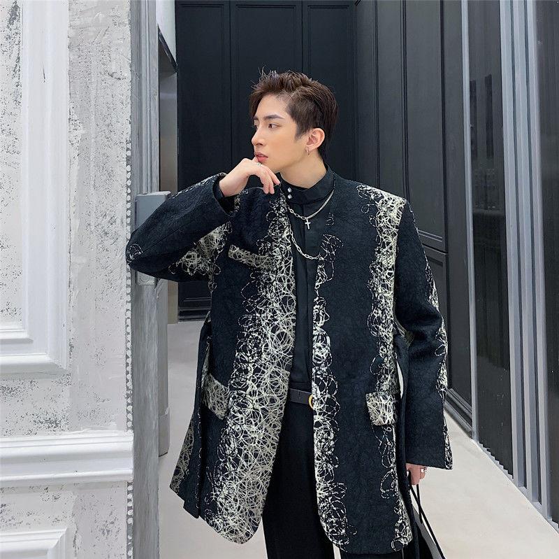 

Men's Suits & Blazers Autumn Men Casual Loose Three-dimensional Pattern Thickned Woolen Blazer Long Sleeve Nich Design Belted Suit Coat 2021, White;black