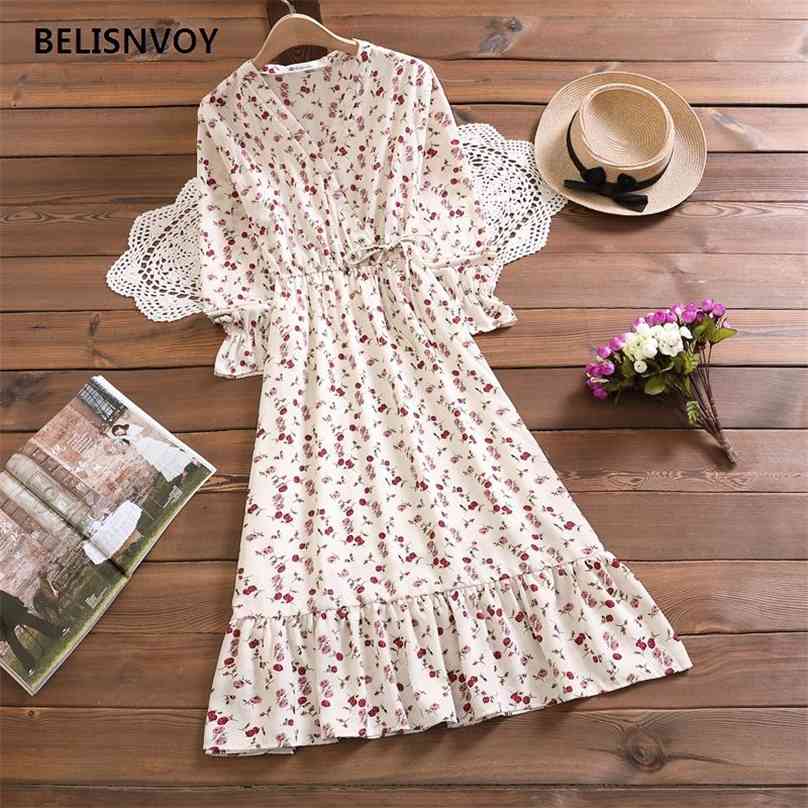 

Spring Women Fashion Dress Cherry Printing Chic Gorgeous Flare Sleeve Chiffon Elegant V-neck Female 210520, Khaki