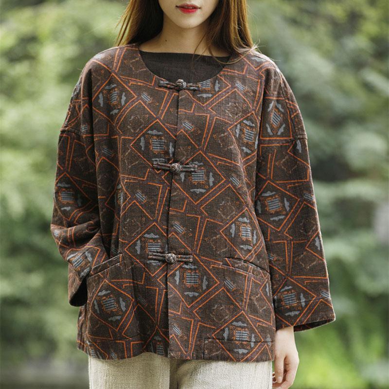 

Women's Jackets Johnature Women Double Layer Cotton Linen Coats O-Neck Long Sleeve Print Floral Button Coat 2021 Autumn Loose Retro Clothes, Black;brown
