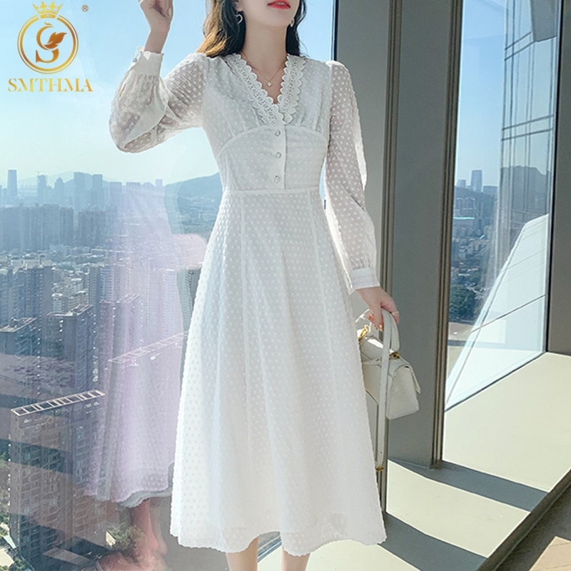 

Spring And Autumn Korea Chic White Lace Dress Sexy V-Neck Sweet Slim Waist Temperament Women's Clothing 210520, Photo color