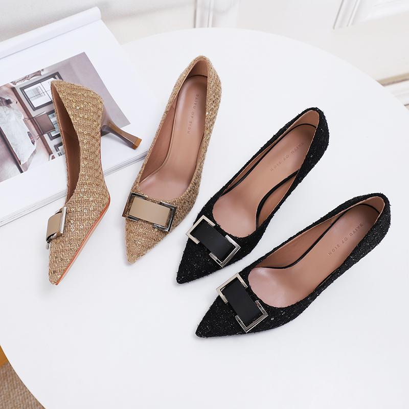 

Women Shoes 2021 Spring Houndstooth Crystal High Heel Brand Design Sexy Point Toe Square Buckle Wedding Heels 6.5CM Dress, Black