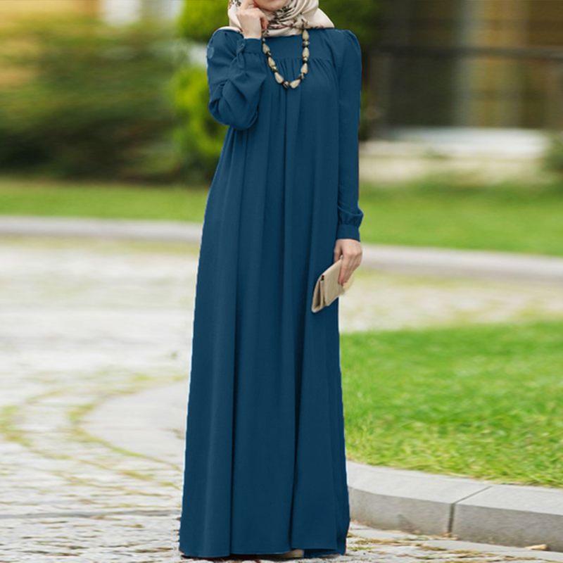 

Casual Dresses Women Long Sleeve Solid Maxi Dress Vestido Autumn Loose Sundress S- Kaftan Abaya Dubai Hijab Muslim, Blue