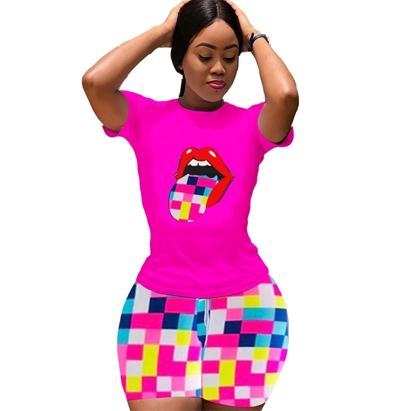 

Plaid Lip Printed Summer Women Sets Pants And Top Casual Harajuku Short Sleeve T-Shirt Tee Sweatpants Tracksuit Match 210525, Multi