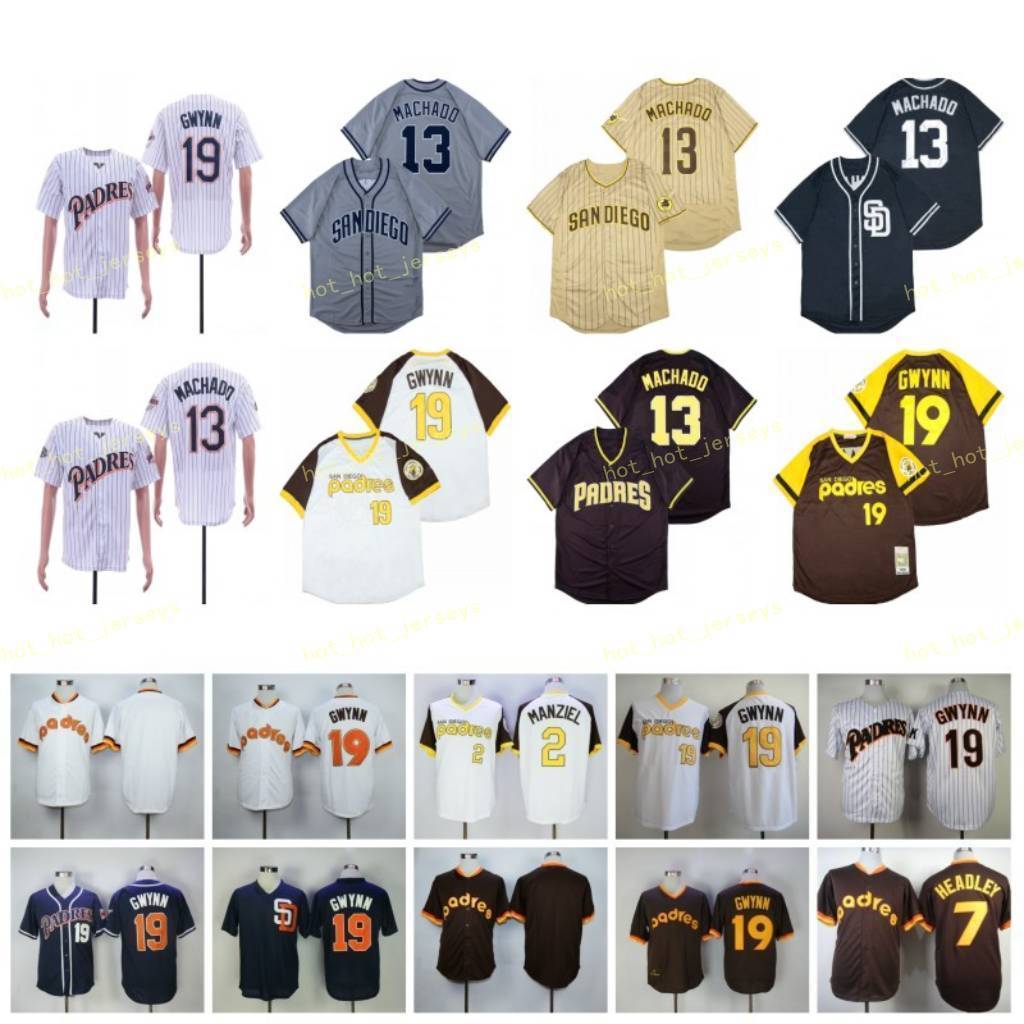 

Retired 19 Tony Gwynn Baseball Jersey 2 Johnny Manziel 13 Manny Machado 7# HEADLEY Vintage Retro Cooperstown Mesh Stitched Pullover, Blue;black