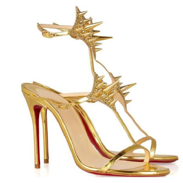 

2021 novelty sexy open toe ankle strap woman gold black thin heels summer high heel shoes rivet dress EU35-43 kjl001