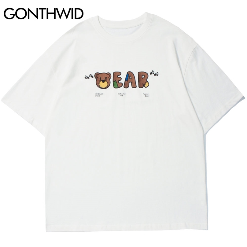 

Tshirts Harajuku Embroidery Cartoon Bear Tees Shirts Streetwear Hip Hop Hipster Casual Cotton Loose Short Sleeve Tops 210602, White