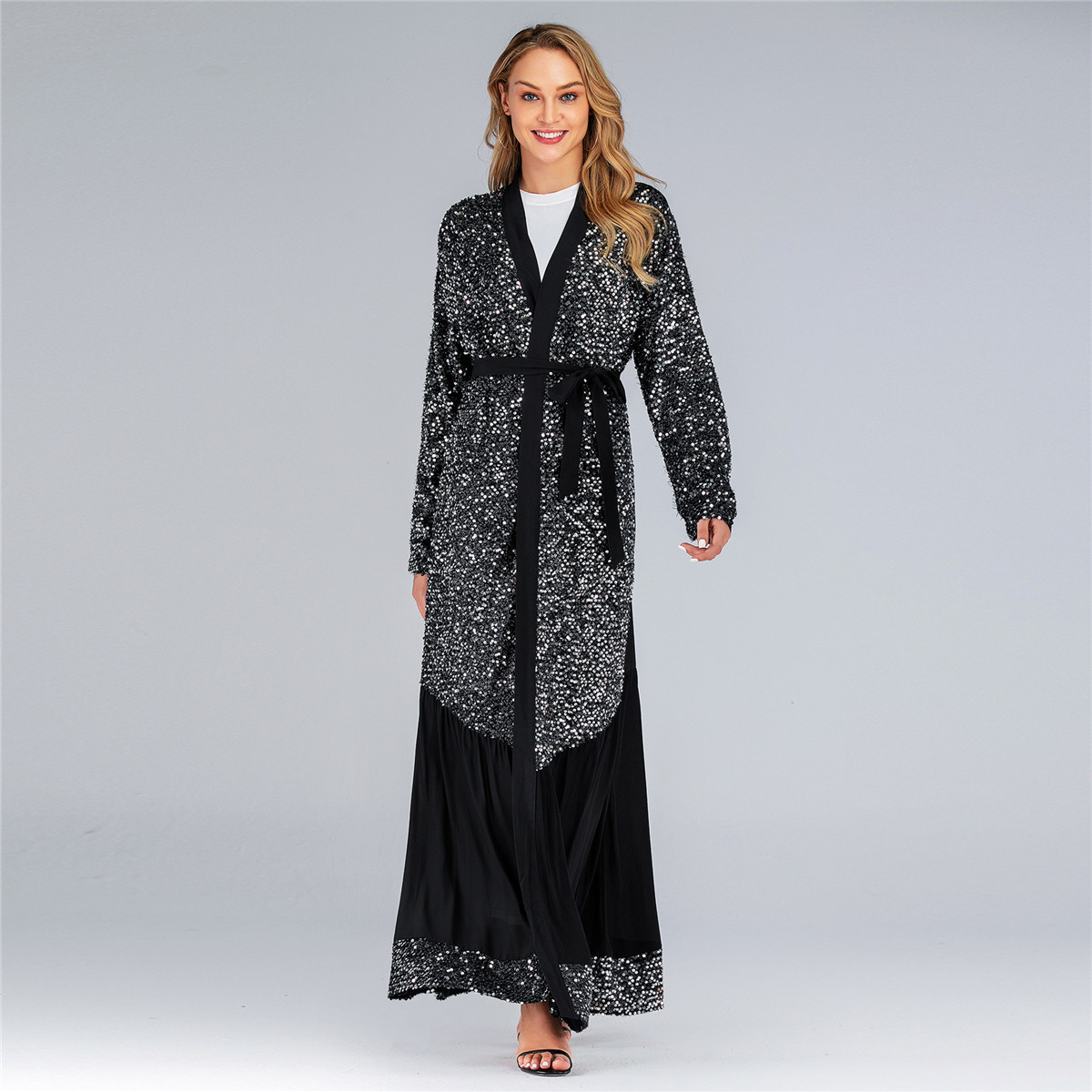 

Muslim Abaya Dress Women Caftan Kimono Jubah Sequins Open Abayas for Women Lace-up Hijab Dress Islamic Clothing Long Robe Jilbab