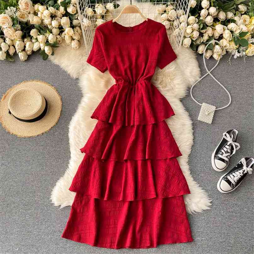 

Casual Summer Women Dress O-neck Short Sleeve Elastic Waist Cascading Ruffles Long Female Party Maxi Robe 210603, Green