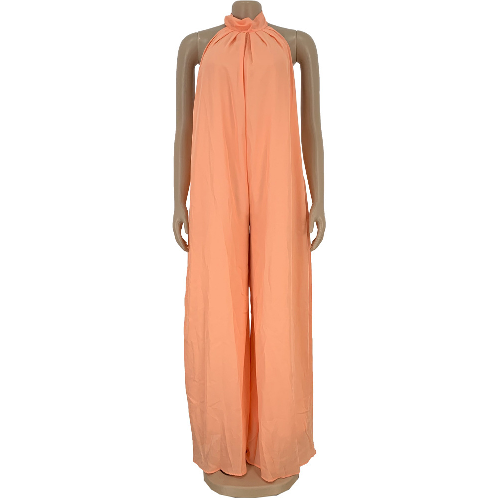 

2011cm.yaya women summer sleeveless open back halter neck loose beach jumpsuit high streetwear boho long romper one piece overall, Black;white