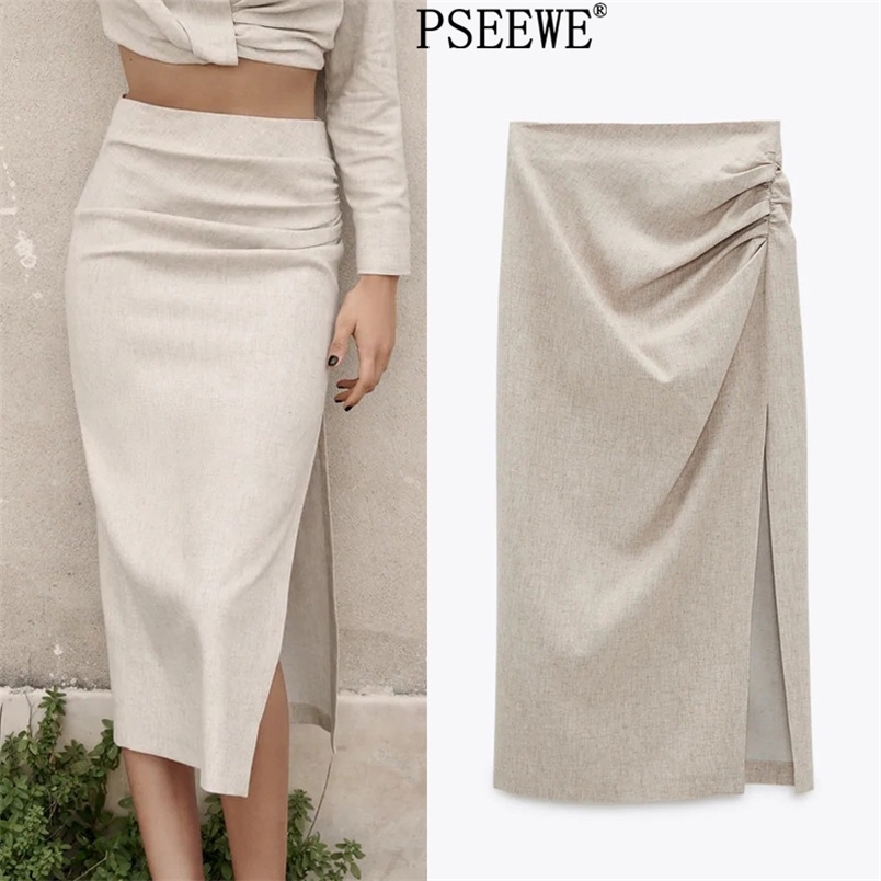 

Linen Blend Draped Long Skirts Woman Fashion High Waist Midi With Side Slit Pleats Elegant Summer 210519, Khaki