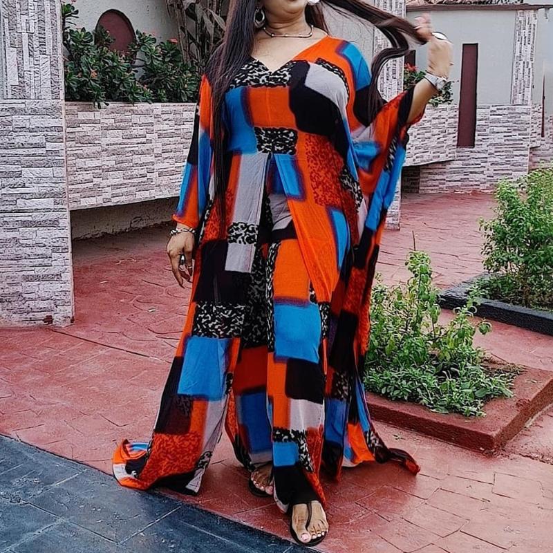 

Ethnic Clothing MD African Plus Size Clothes For Women 2 Piece Set 2021 Dashiki Long Dress Pants Suits Boho Print Chiffon Outfits Party Robe